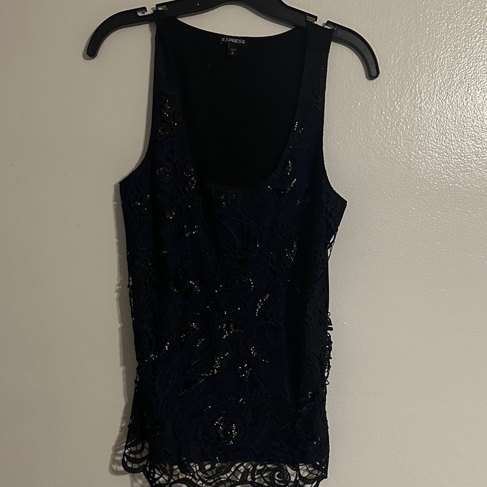 Express Navy Lace & Sequin Sleeveless Tank